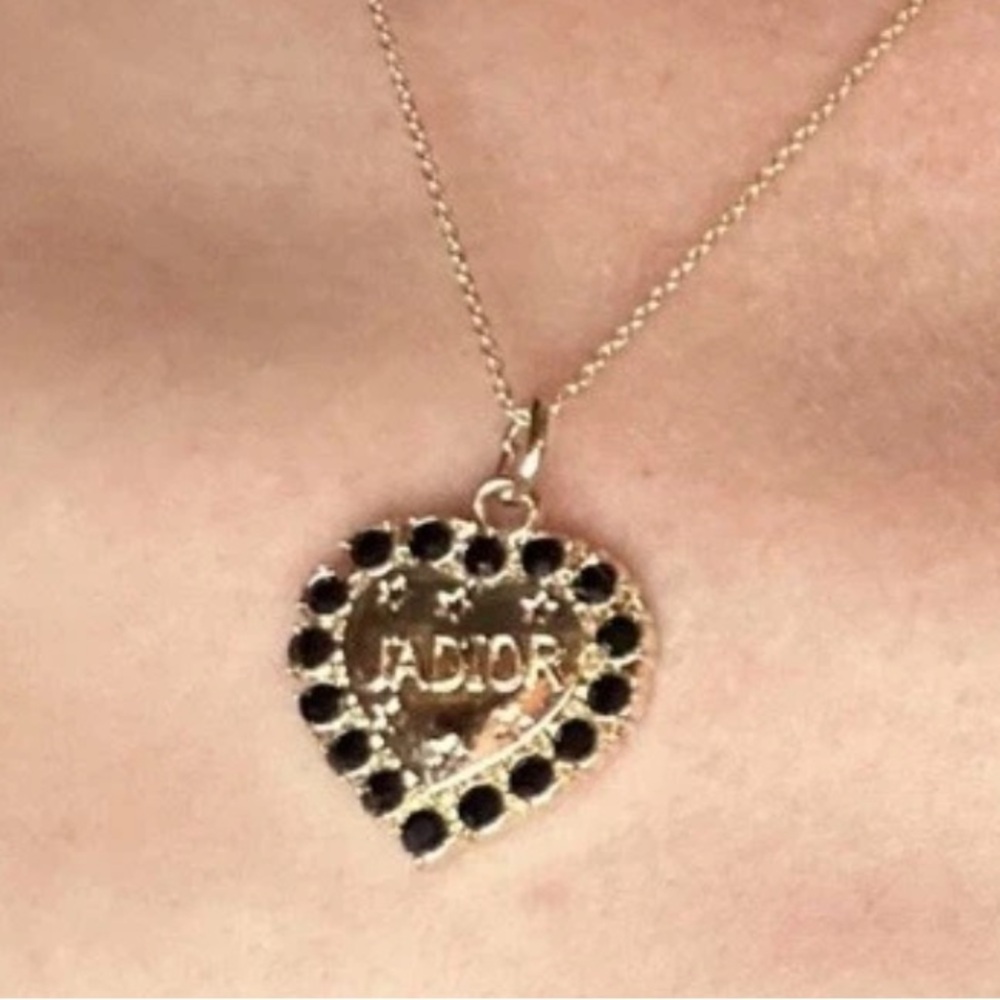 DIOR “J'Adior” Charm Pendant Stamped Gold Heart w/ Black Stones - Picture 8 of 8